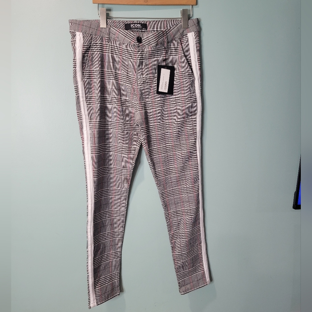 Icon Amsterdam Viera Men's Plaid Stretch Side Stripe Torusers Size 36 NWT